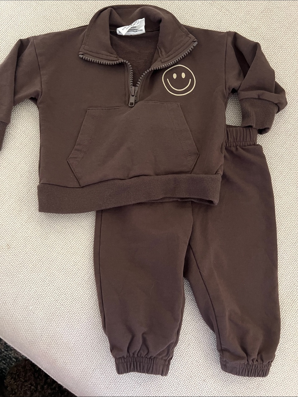 Mebie Baby Smiley Face Brown Pullover Half-Zip Sweatshirt Set